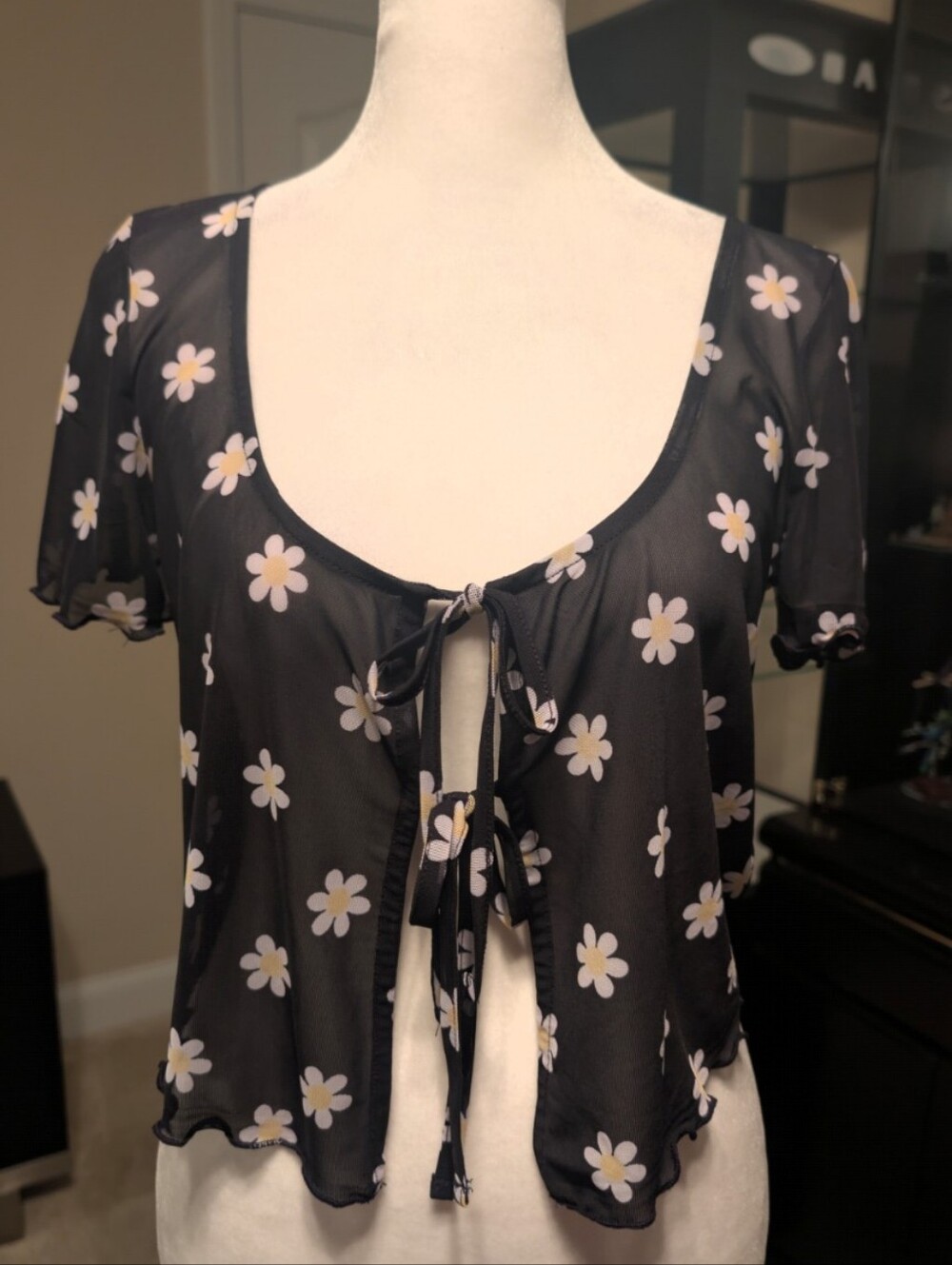 Forever 21 Black Daisy Print Tie-Front Sheer Crop Top